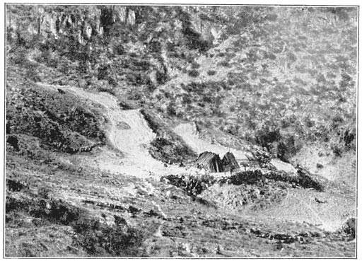 Tarahumare Ranch near Barranca de Cobre, showing ploughed rid supported by stone walls.