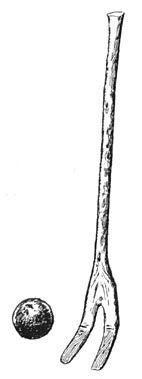Fork and Wooden Ball Used in Women’s Game. Length of Fork, 69 cm; diameter of Ball, 6.5 cm.